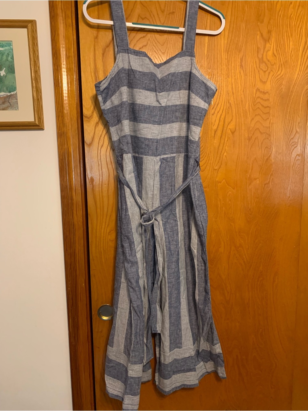 Striped Linen-Blend Sundress in Blue and Cream kept large nwot